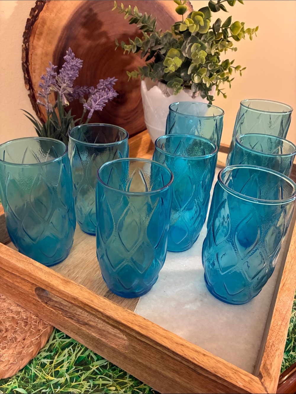 Vintage Anchor Hocking Madrid, Blue Aqua Teal Glass Tumblers (set of 8)